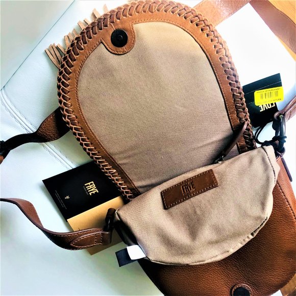 FRYE  Crossbody/ Shoulder Woven Saddle Cognac Leather Handbag NWT and Dust Bag - Picture 5 of 8